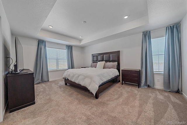 bedroom with a raised ceiling, multiple windows, and light carpet