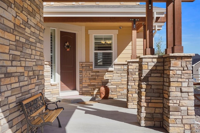 doorway to property featuring stone siding