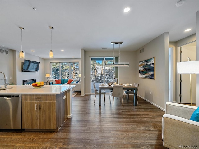 kitchen with decorative light fixtures, stainless steel dishwasher, dark hardwood / wood-style floors, and sink