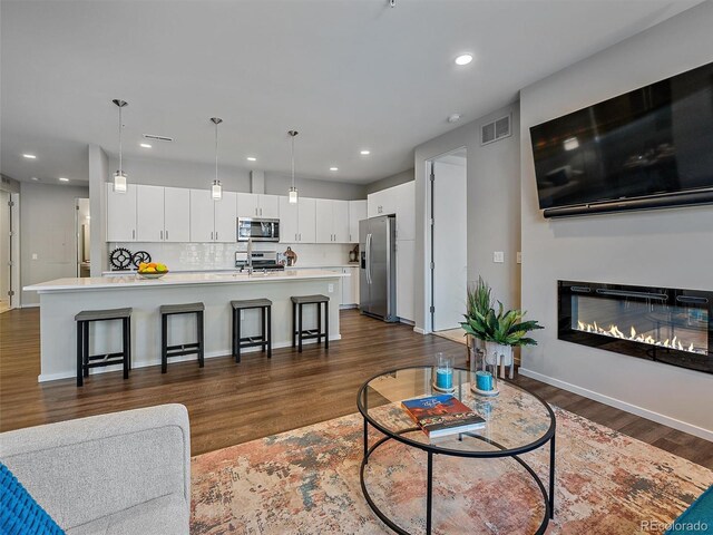 living room featuring sink and dark wood-type flooring