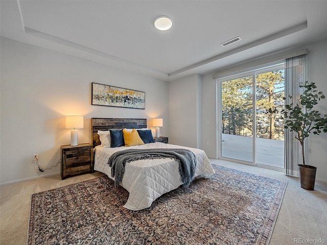 carpeted bedroom with a raised ceiling and access to exterior