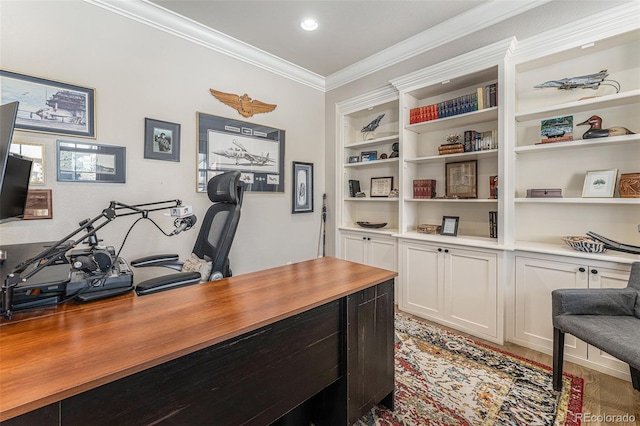 office area featuring crown molding and hardwood / wood-style floors