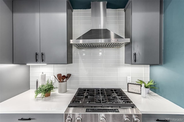 4922 Lowell Blvd Unit 2, Denver, CO 80221 - kitchen with wall chimney exhaust hood, tasteful backsplash, and light countertops