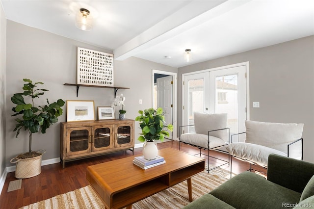 living room with dark wood-type flooring, french doors, and beamed ceiling