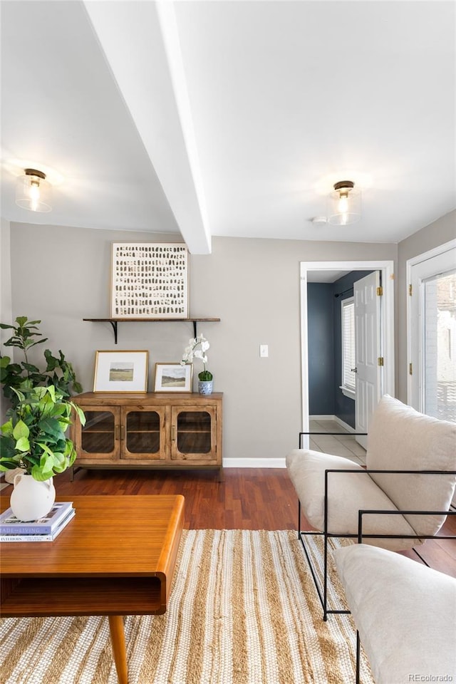 living room featuring beamed ceiling and wood-type flooring