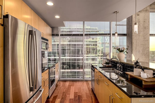 kitchen featuring stainless steel appliances, dark stone counters, a sink, dark wood-style floors, and pendant lighting