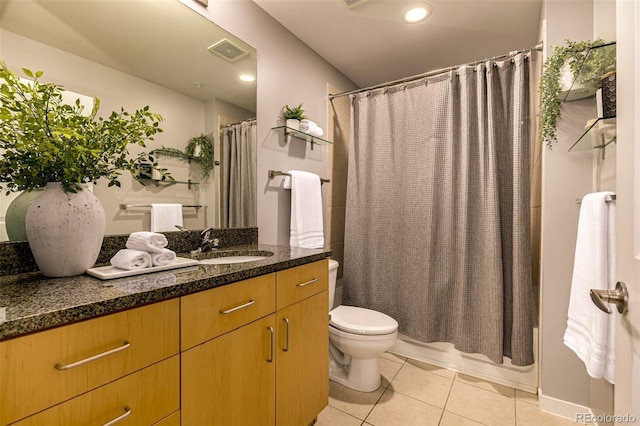 full bath with toilet, tile patterned floors, vanity, visible vents, and shower / tub combo with curtain