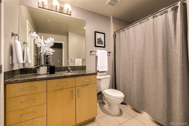 full bath featuring visible vents, toilet, curtained shower, tile patterned flooring, and vanity