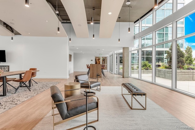 living room featuring expansive windows, a high ceiling, baseboards, and wood finished floors