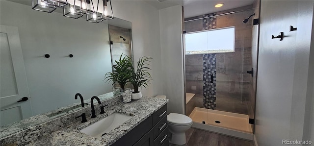 29918 Teal Run, Buena Vista, CO 81211 - full bathroom with vanity, wood finished floors, a shower stall, and toilet
