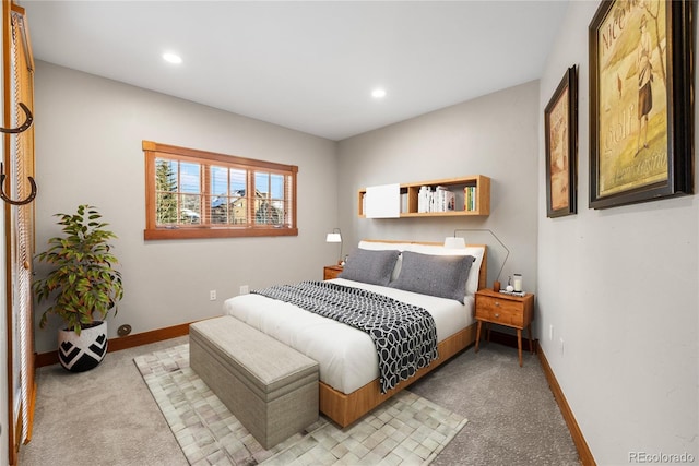 carpeted bedroom with recessed lighting and baseboards