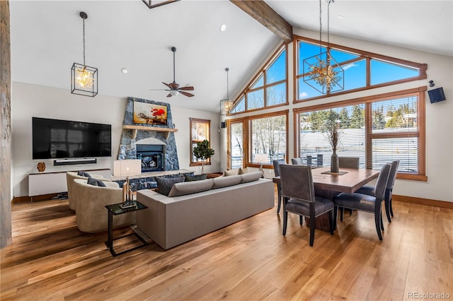 living area with beamed ceiling, high vaulted ceiling, light wood-style flooring, a stone fireplace, and baseboards