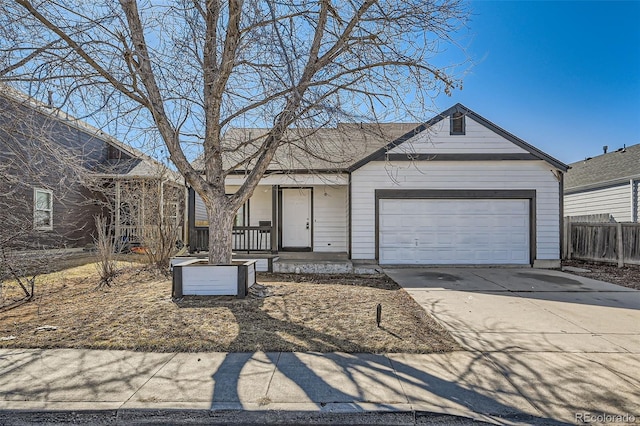 ranch-style home with a garage, driveway, covered porch, and fence