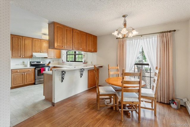 534 Crestone Ave, Salida, CO 81201 - kitchen featuring electric range, a peninsula, under cabinet range hood, brown cabinets, and light wood finished floors