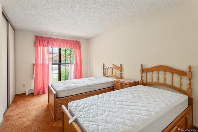 534 Crestone Ave, Salida, CO 81201 - bedroom with a baseboard radiator, light colored carpet, a textured ceiling, and a closet