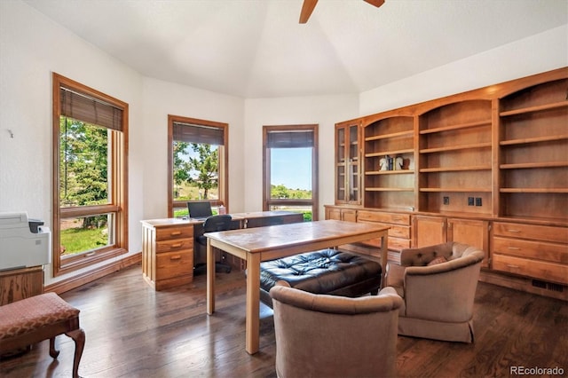 16442 Rocky Point Ln, Morrison, CO 80465 - home office with dark wood-type flooring, a ceiling fan, and vaulted ceiling