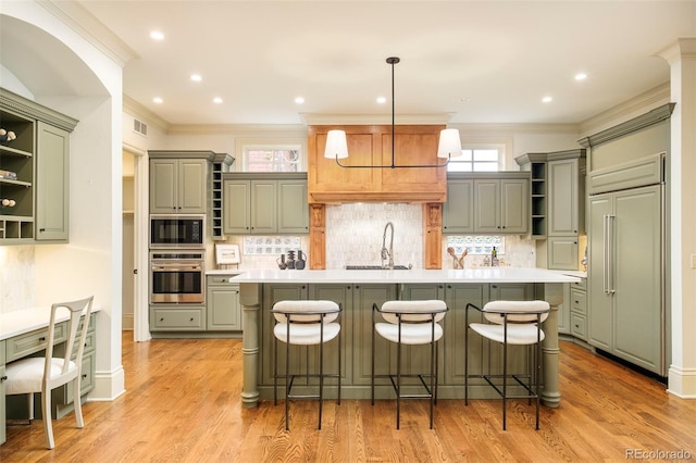958 S Columbine St, Denver, CO 80209 - kitchen featuring open shelves, stainless steel oven, built in microwave, gray cabinets, and light countertops