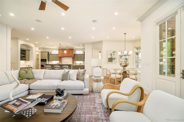 958 S Columbine St, Denver, CO 80209 - living room featuring recessed lighting, ornamental molding, a ceiling fan, and baseboards
