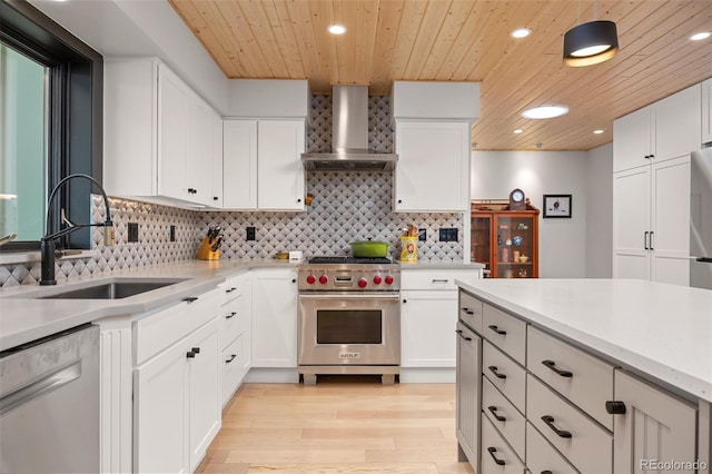 1579 W Costilla Pl, Littleton, CO 80120 - kitchen featuring appliances with stainless steel finishes, wall chimney range hood, a sink, wood ceiling, and light wood-style floors