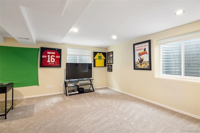 interior space with recessed lighting, carpet flooring, and baseboards