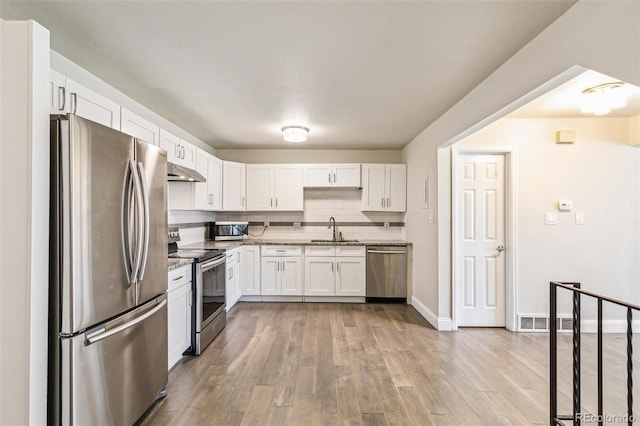 12020 E Canal Dr, Aurora, CO 80011 - kitchen featuring stainless steel appliances, a sink, white cabinets, under cabinet range hood, and light wood-type flooring