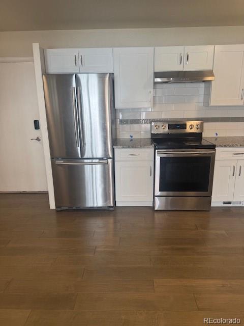 12020 E Canal Dr, Aurora, CO 80011 - kitchen featuring stainless steel appliances, under cabinet range hood, white cabinetry, and tasteful backsplash