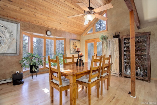 dining room featuring ceiling fan, light hardwood / wood-style floors, a wealth of natural light, and french doors