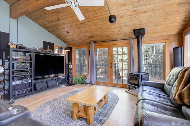 living room with a wood stove, wooden ceiling, lofted ceiling with beams, and wood-type flooring