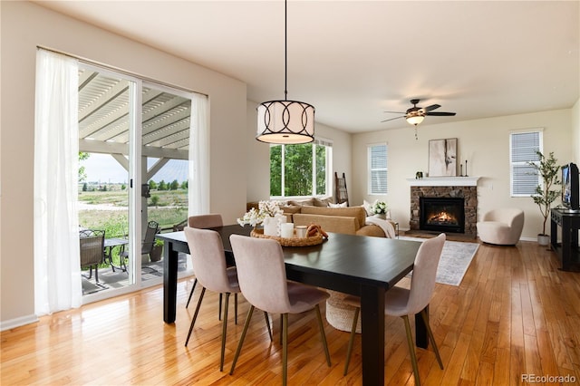 3027 Walnut Grove St, Erie, CO 80516 - dining space with light wood-style floors, a stone fireplace, and a ceiling fan