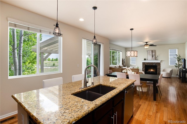 3027 Walnut Grove St, Erie, CO 80516 - kitchen featuring stainless steel dishwasher, a ceiling fan, a fireplace, open floor plan, and light wood-style flooring