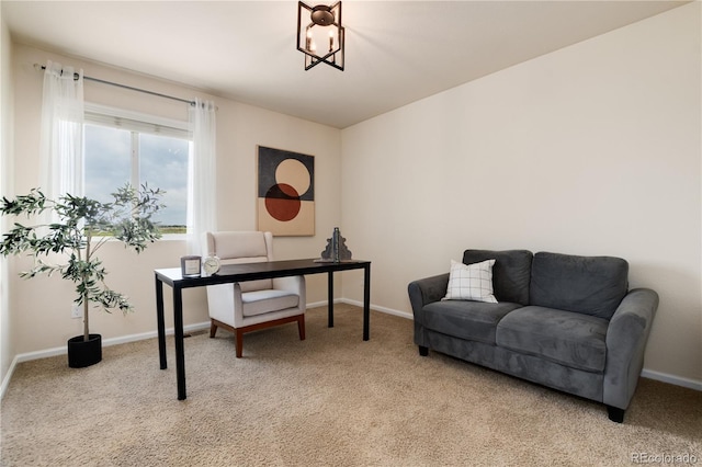 3027 Walnut Grove St, Erie, CO 80516 - home office featuring light carpet and a chandelier