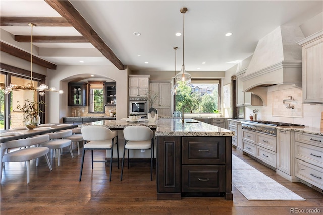 kitchen featuring light stone counters, an island with sink, and a healthy amount of sunlight