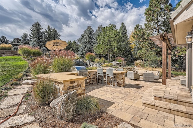 view of patio / terrace with area for grilling, an outdoor bar, a pergola, and exterior kitchen