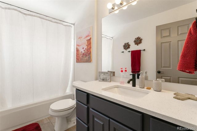 full bathroom featuring vanity, shower / bath combo, tile patterned floors, and toilet