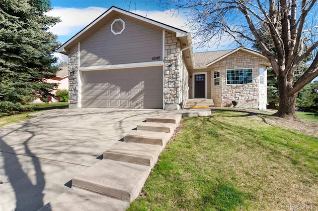 6545 Bonifas Ct, Colorado Springs, CO 80919 - single story home with concrete driveway, a front yard, stone siding, and a garage
