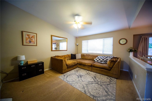 9950 Sydney Ln, Highlands Ranch, CO 80130 - carpeted living area featuring lofted ceiling, a ceiling fan, and baseboards