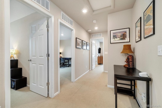 8586 Holman Ct Unit A, Arvada, CO 80005 - hall with light colored carpet, attic access, recessed lighting, and baseboards