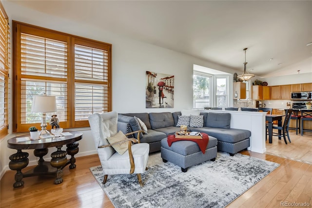 9451 Desert Willow Trl, Highlands Ranch, CO 80129 - living room featuring light wood-style flooring and vaulted ceiling
