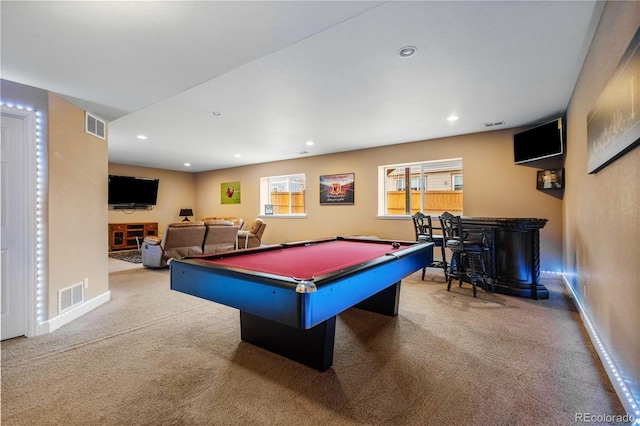 recreation room featuring carpet, indoor bar, and billiards