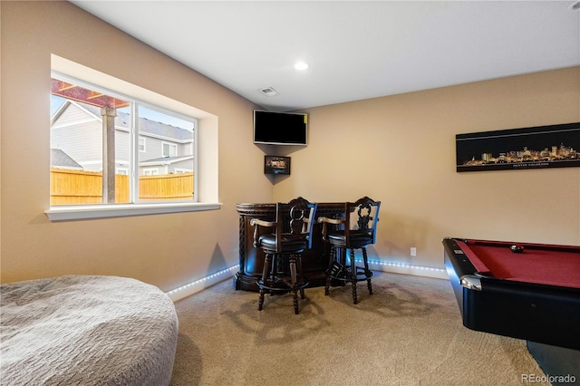 playroom featuring billiards, bar area, and carpet