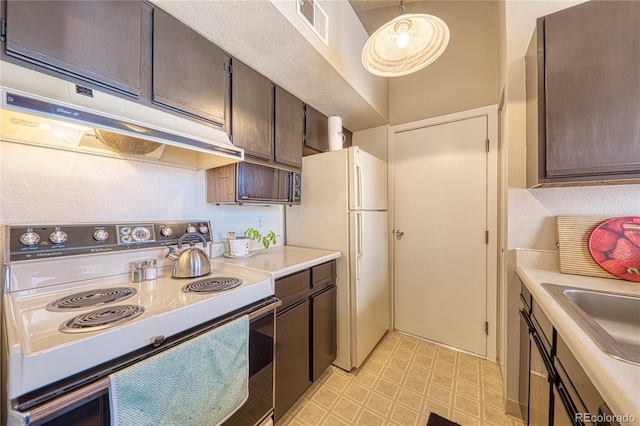 4760 S Wadsworth Blvd Unit 302, Littleton, CO 80123 - kitchen with white appliances, under cabinet range hood, light countertops, and dark brown cabinetry