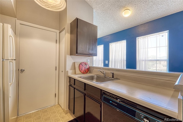4760 S Wadsworth Blvd Unit 302, Littleton, CO 80123 - kitchen with dishwasher, a sink, freestanding refrigerator, a textured ceiling, and light countertops