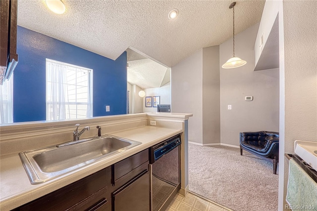 4760 S Wadsworth Blvd Unit 302, Littleton, CO 80123 - kitchen with dishwasher, a sink, a textured ceiling, light carpet, and light countertops