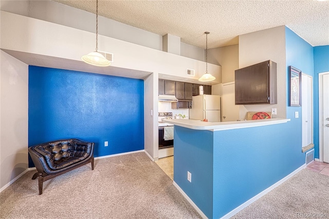 4760 S Wadsworth Blvd Unit 302, Littleton, CO 80123 - kitchen featuring freestanding refrigerator, light carpet, electric stove, a textured ceiling, and under cabinet range hood
