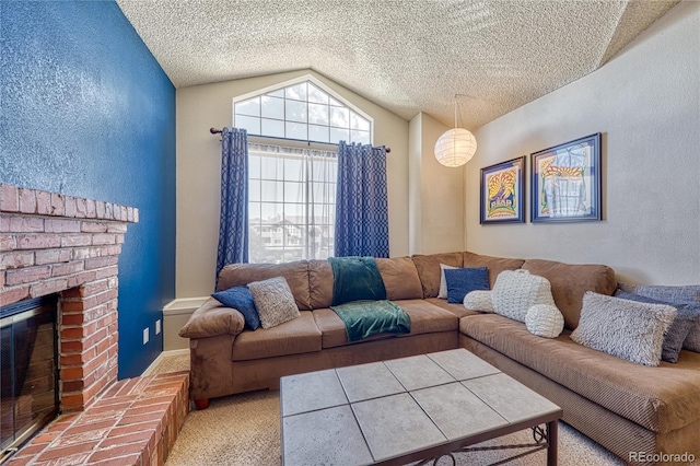 4760 S Wadsworth Blvd Unit 302, Littleton, CO 80123 - living area with lofted ceiling, a fireplace, a textured ceiling, light carpet, and a textured wall