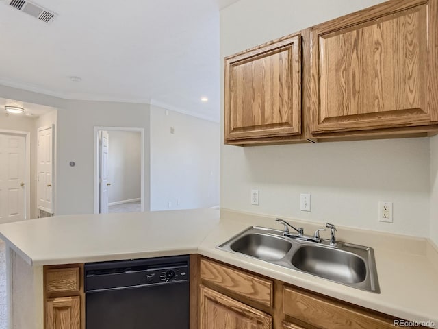 kitchen featuring kitchen peninsula, crown molding, sink, and black dishwasher