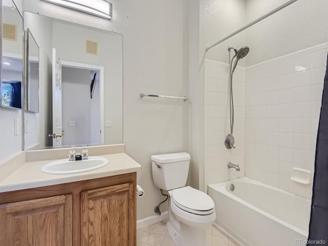 full bathroom featuring vanity, shower / bath combination with curtain, and toilet