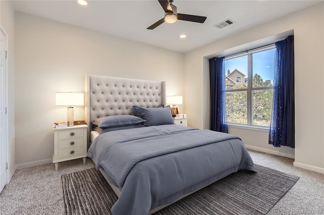 bedroom with recessed lighting, visible vents, light carpet, ceiling fan, and baseboards