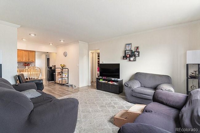 4545 Raritan St, Denver, CO 80211 - living room with crown molding, light wood-style floors, and recessed lighting