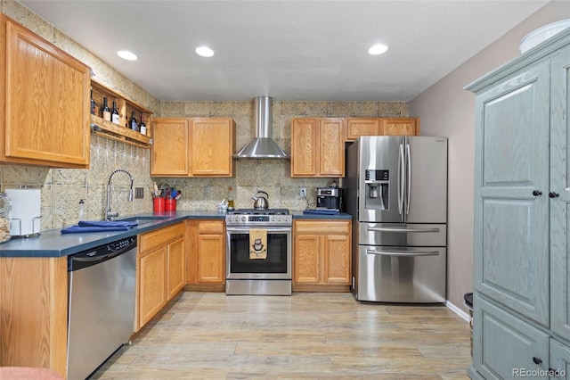 11062 Gaylord St, Northglenn, CO 80233 - kitchen with stainless steel appliances, wall chimney range hood, open shelves, decorative backsplash, and recessed lighting